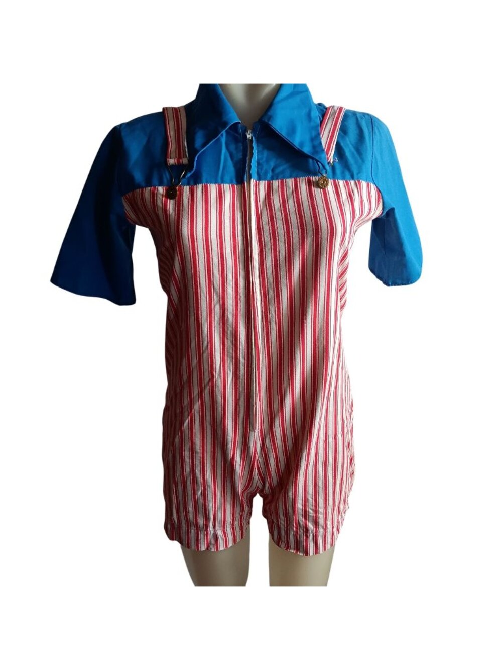Small Vintage Romper 1970's 1OF1 Blue Red Striped Cotton Blend Womens Handmade